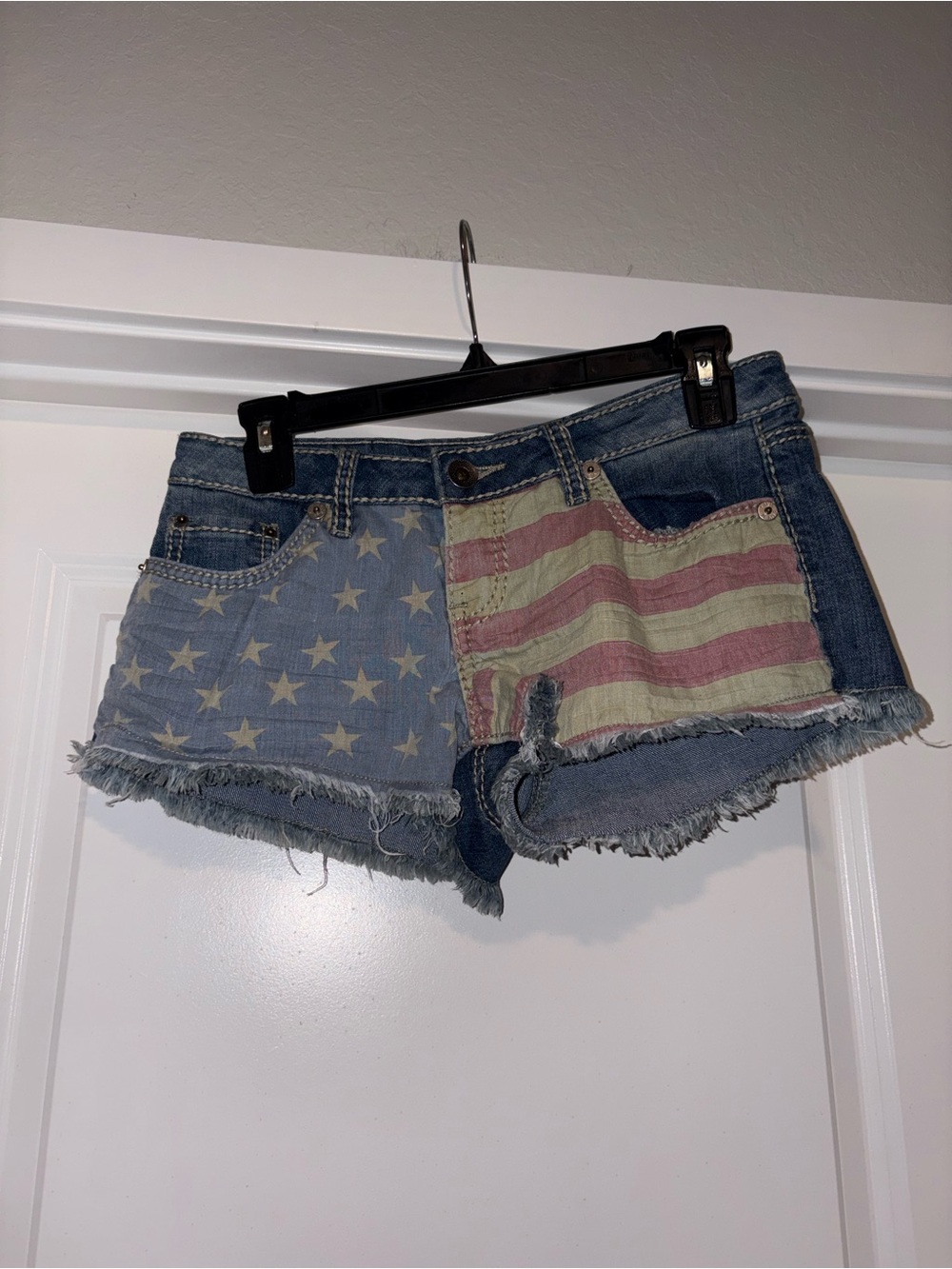 YMI Flag-Print Frayed Denim Shorts in Blue, Red, Cream